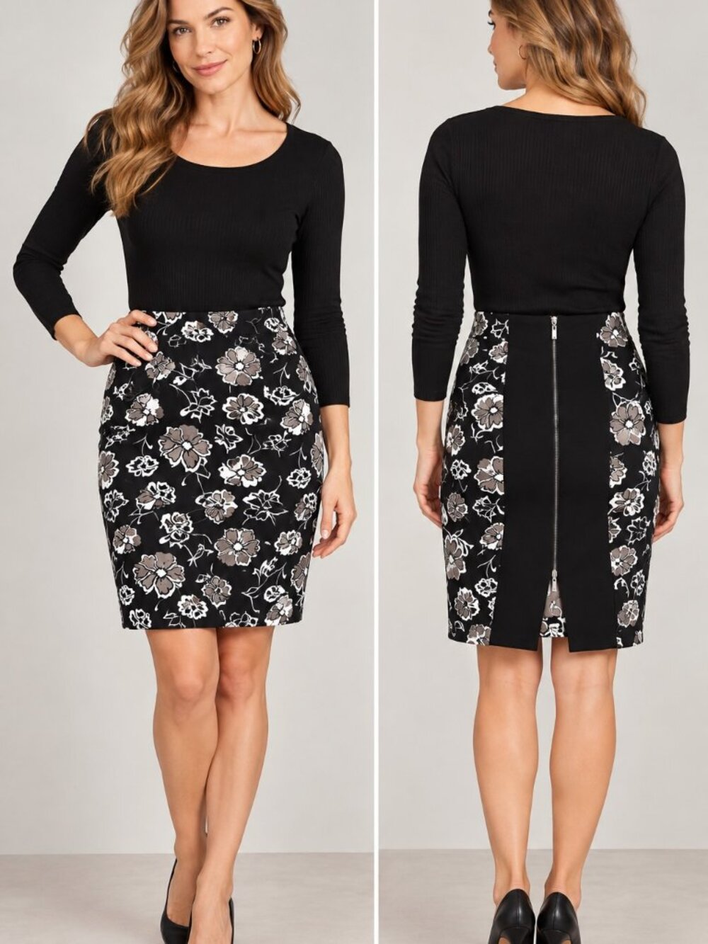 Melanie Lyne Floral Pencil Skirt Black White Taupe Full Back Zipper Colorblock